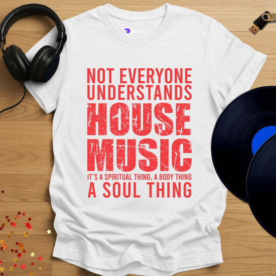 Unisex house music T-shirt, 'House Music Lover' design in white, front view