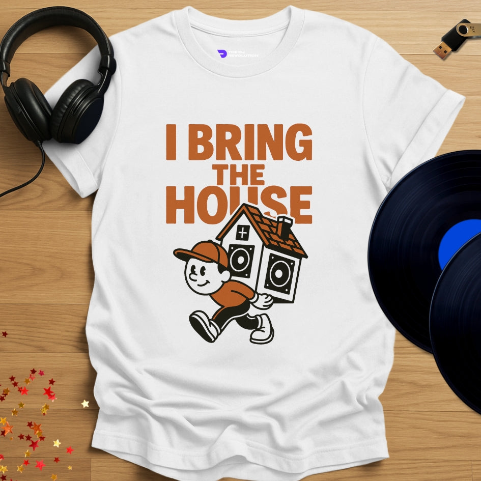 ‘I Bring the House’ house music T-shirt in white, front view