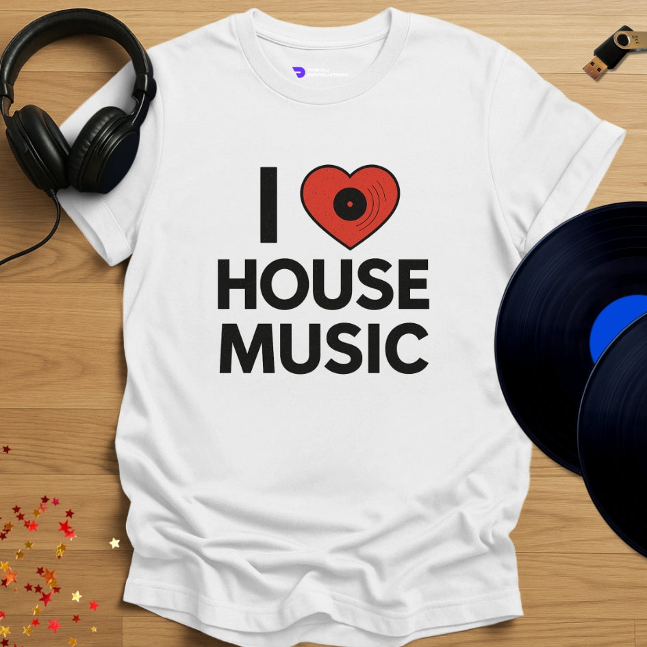 I Love House Music T-shirt in white, front view