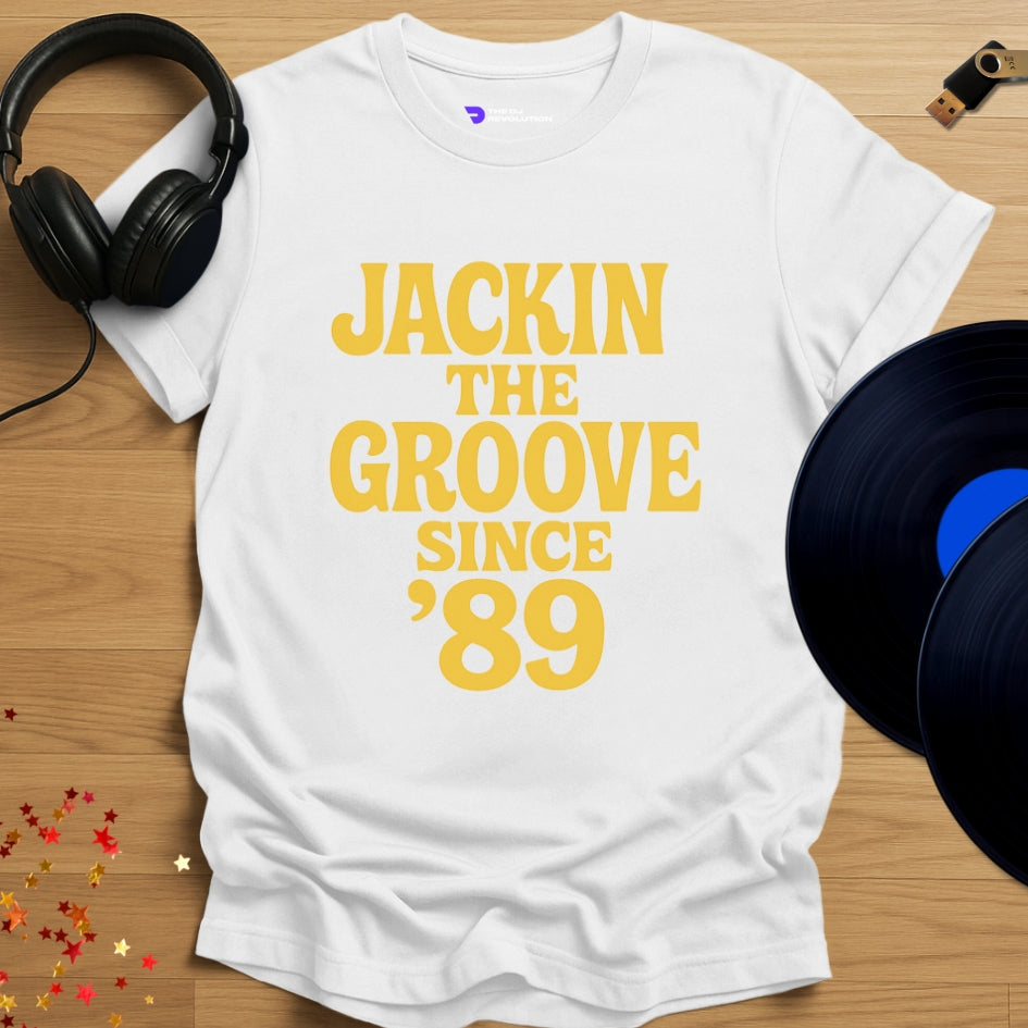 Jackin The Groove house music T-shirt in white, front view