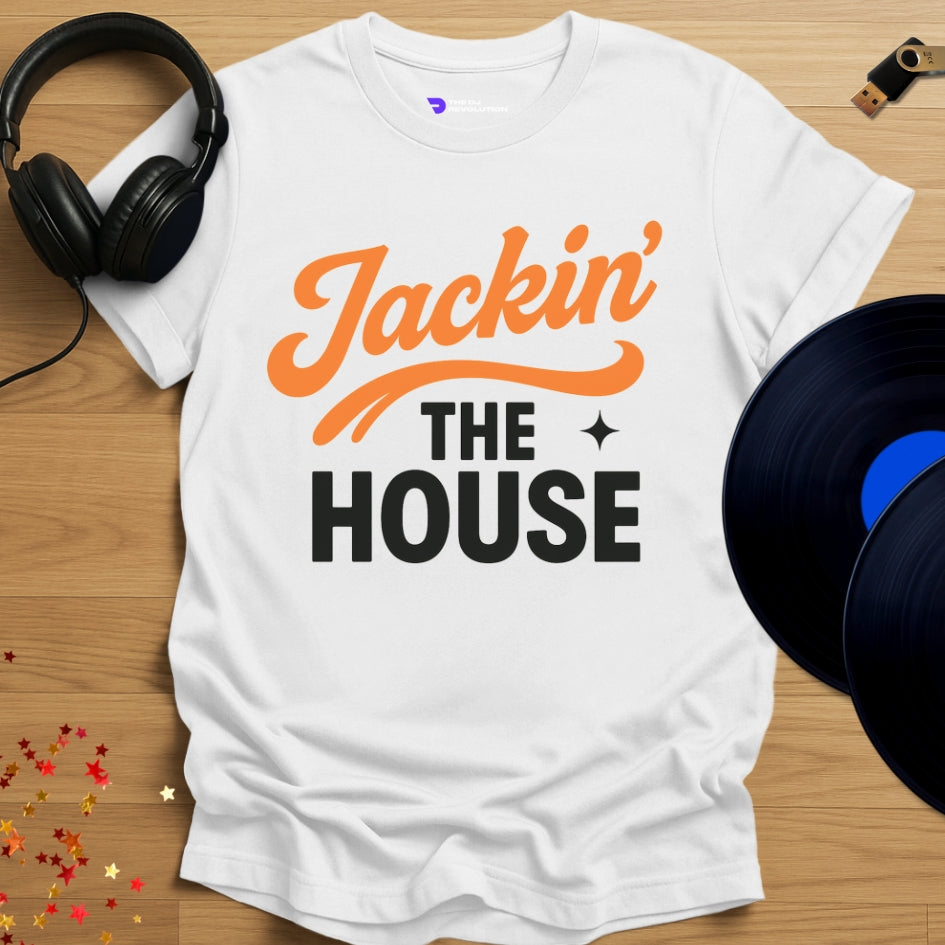 ‘Jackin The House’ house music T-shirt in white, front view