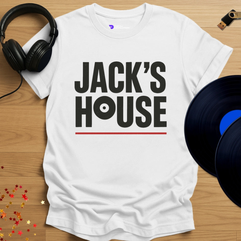 ‘Jack’s House’ house music T-shirt in white, front view