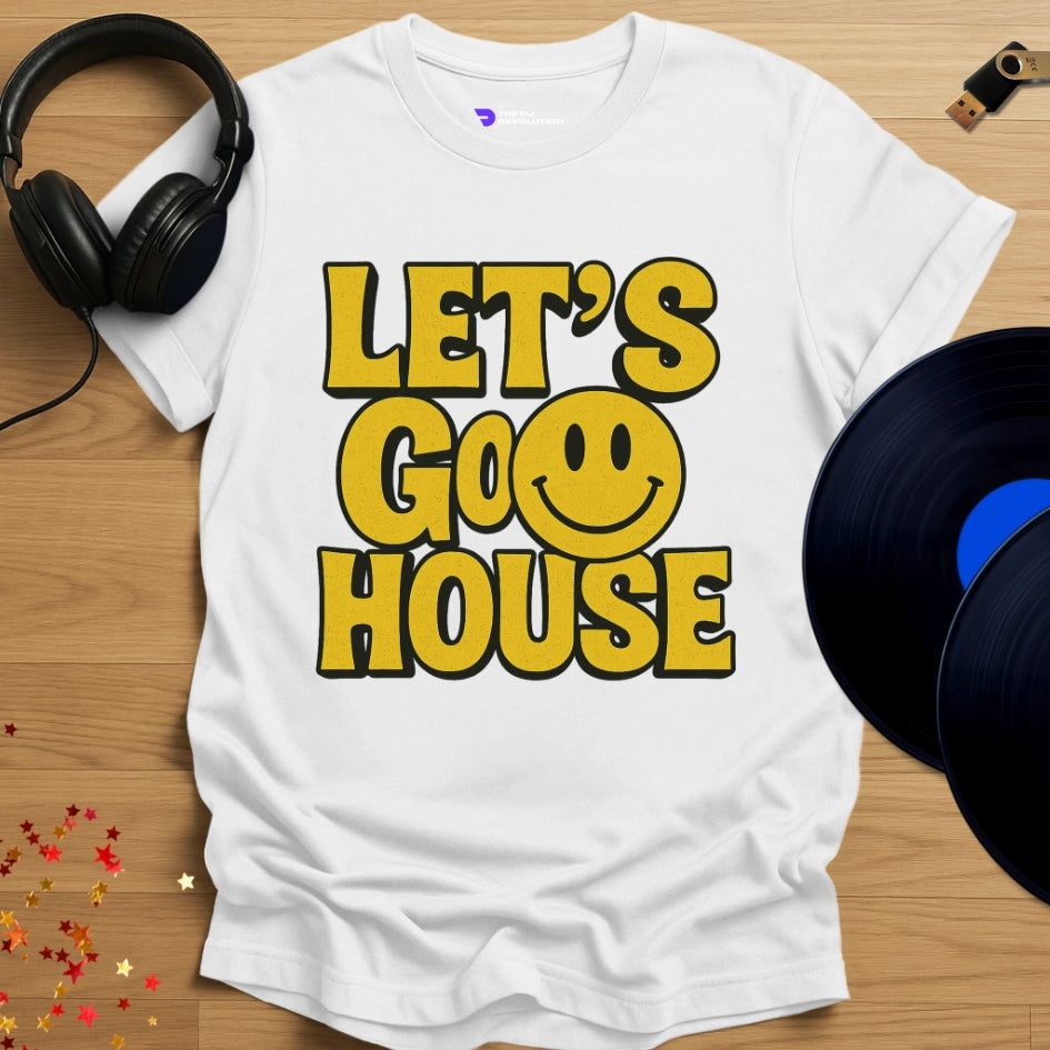 Let’s Go House’ house music T-shirt in white, front view
