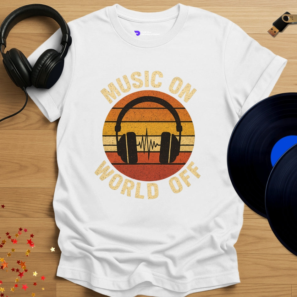 'Music On World Off' T-shirt in white, front view
