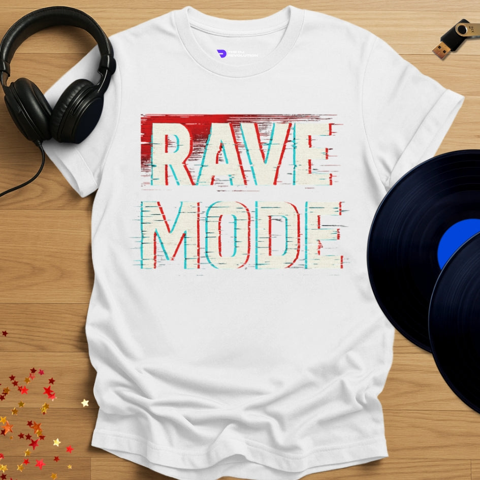 'Rave Mode', rave DJ T-shirt in white, front view