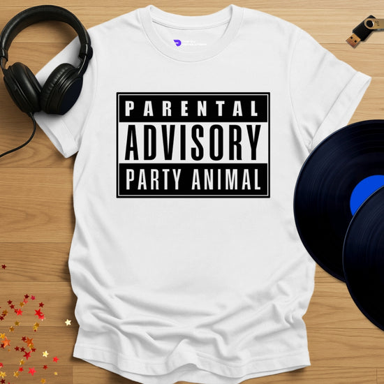 Rave T-shirt, 'Parental Advisory' design in white, front view