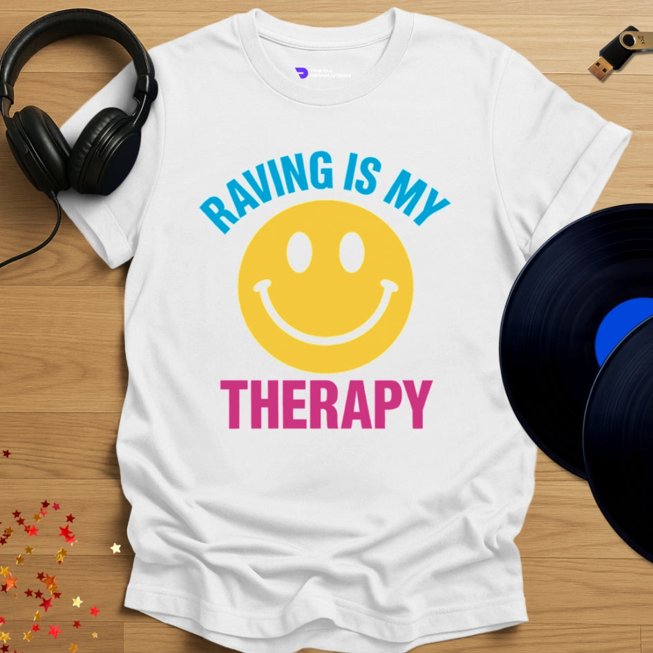 'Raving Is My Therapy', rave T-shirt in white, front view