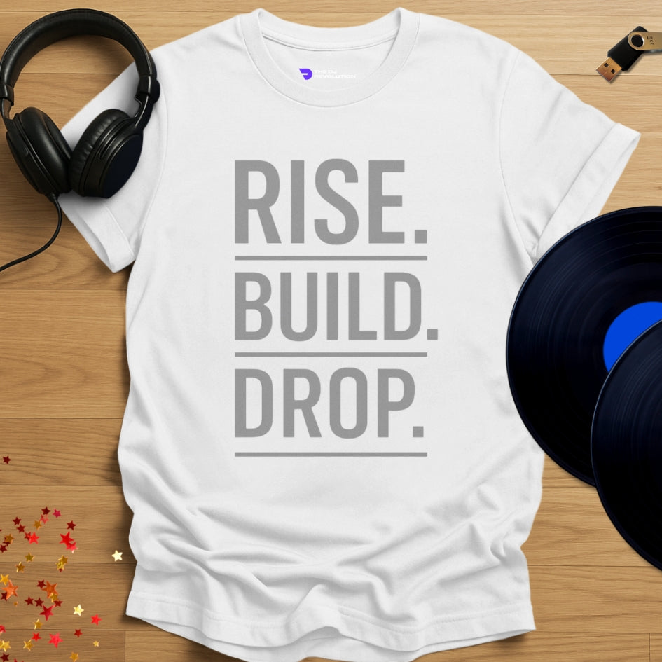 Rise Build Drop Techno T-shirt in white, front view