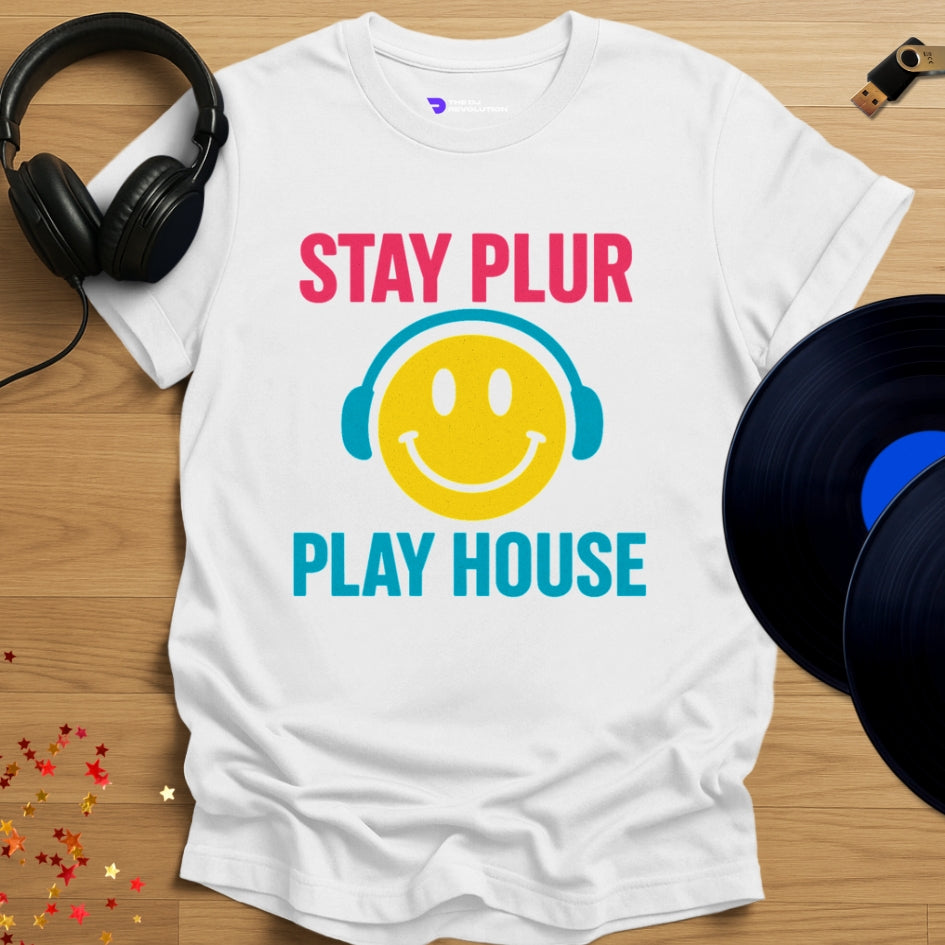 Stay PLUR house music T-shirt in white, front view