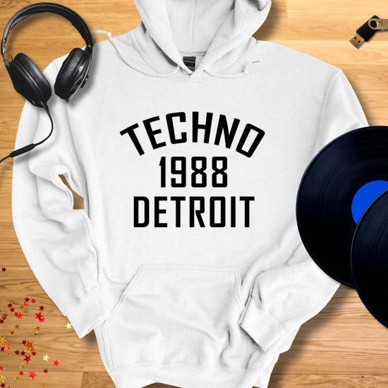 Unisex DJ Hoodie 'Detroit Techno 1988' design in white, front view