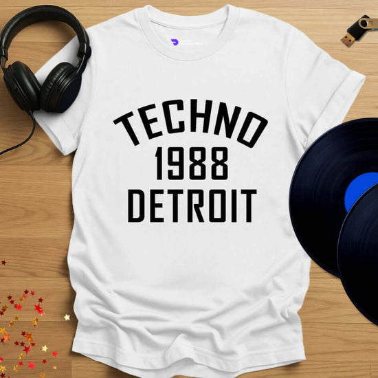 Detroit techno T-shirt, 'Detroit Techno 1988' design in white, front view