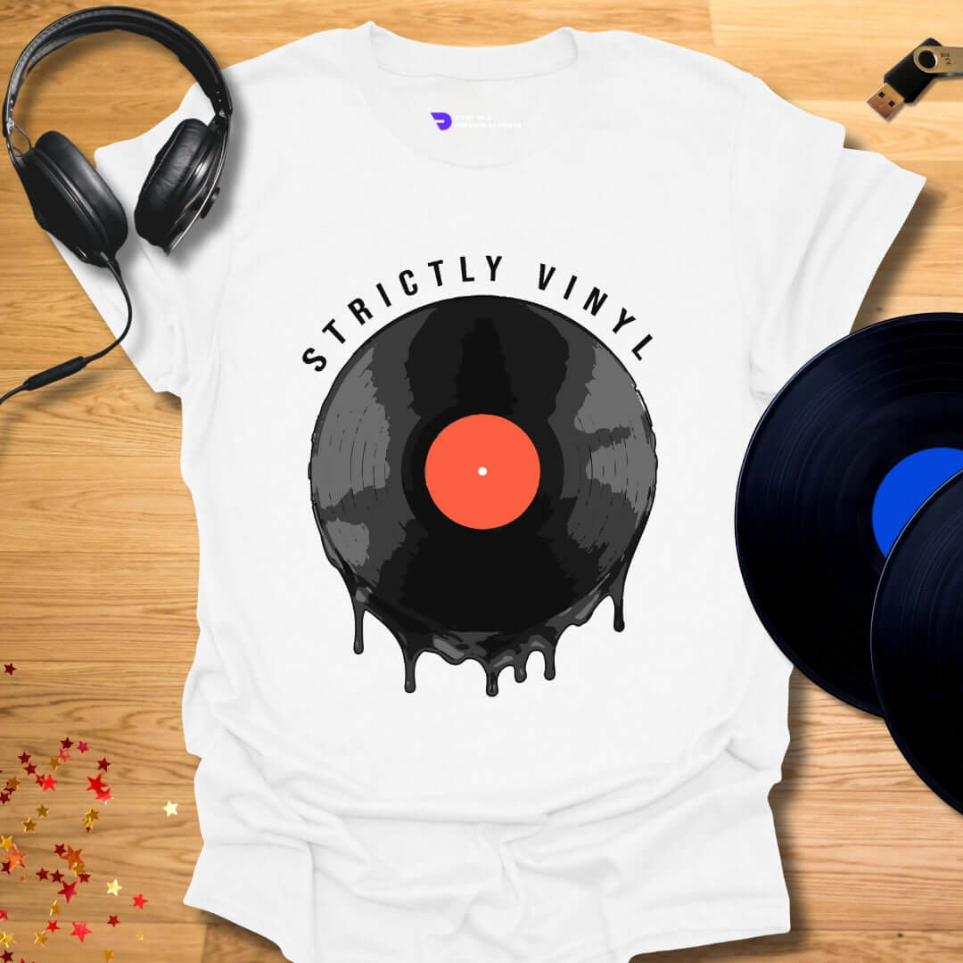 Vinyl enthusiast DJ T-shirt, 'Strictly Vinyl' design in white, front view