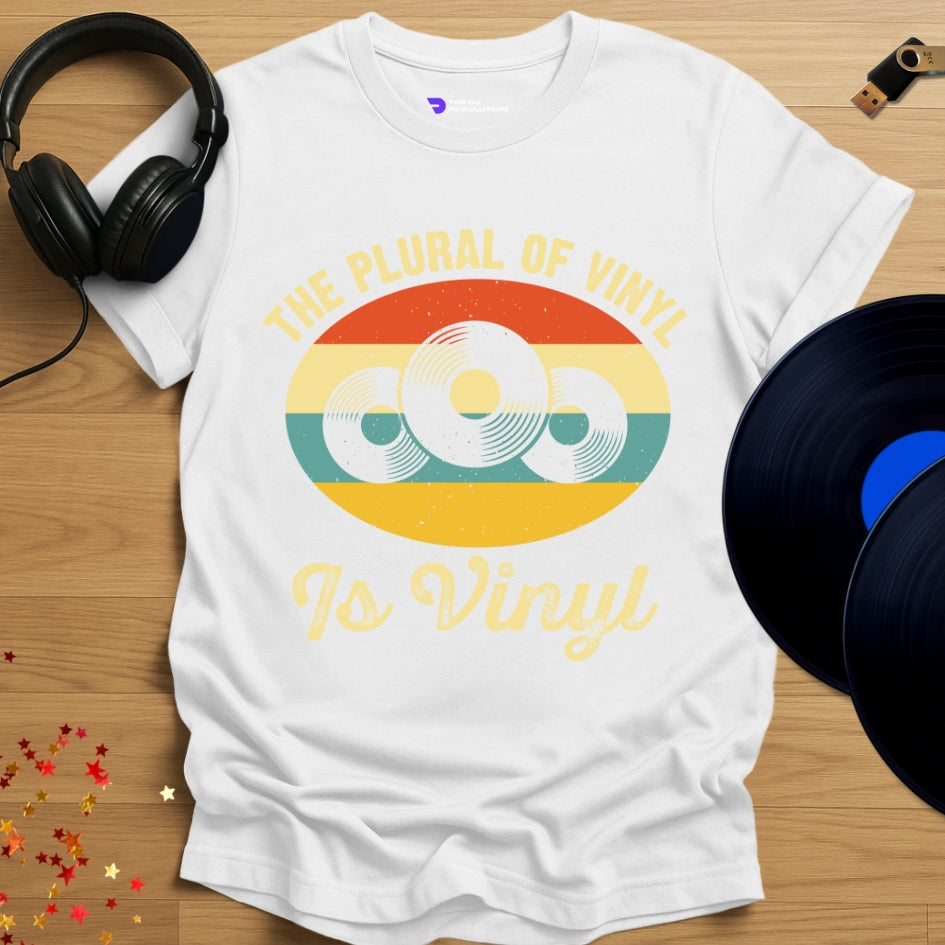 Vinyl enthusiast DJ T-shirt, 'The Plural of Vinyl' design in white, front view