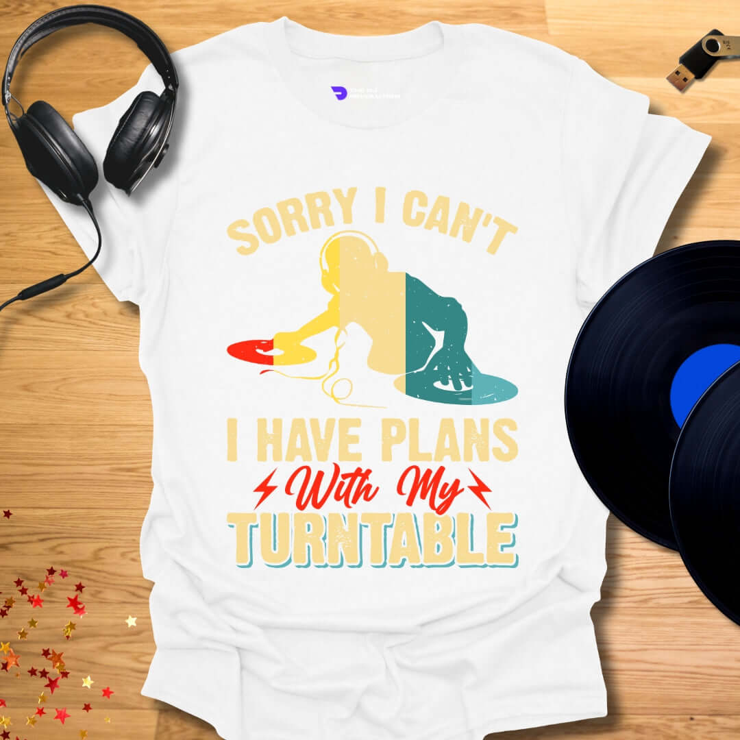 Turntable enthusiast DJ T-shirt, 'Turntable Plans' design in white, front view