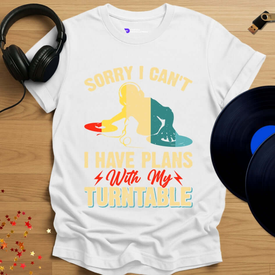 Vinyl enthusiast DJ T-shirt, 'Turntable Plans' design in white, front view