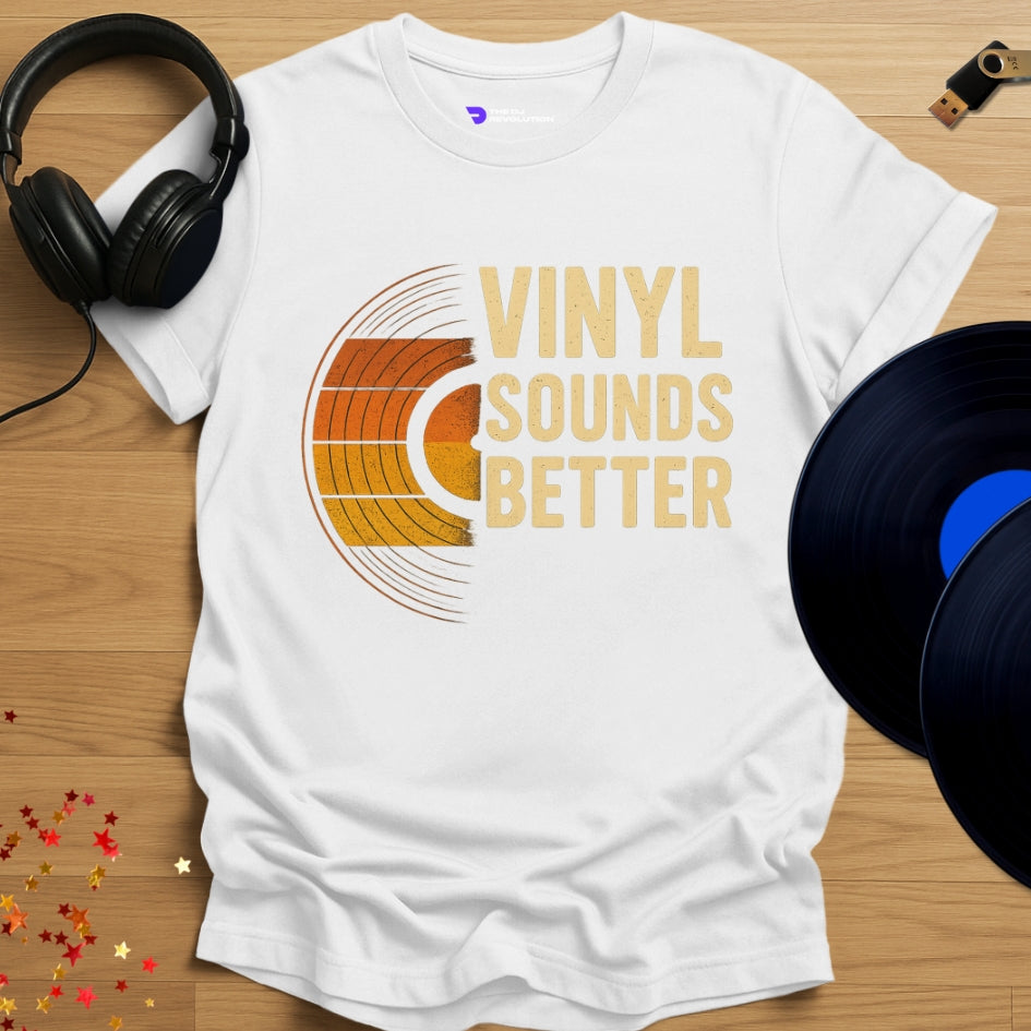 'Vinyl Sounds Better', vinyl DJ T-shirt in white, front view