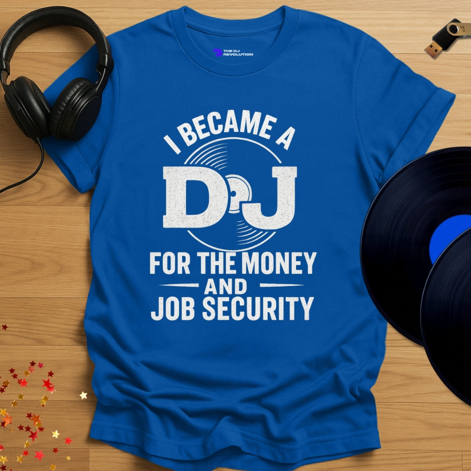 'Why I Became A DJ' - funny DJ joke T-shirt in royal blue, front view