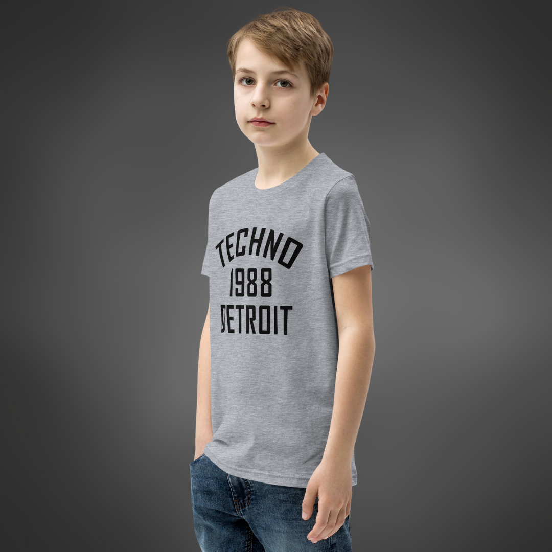 Youth Techno T-Shirt '1988 Detroit' design in athletic heather, front view