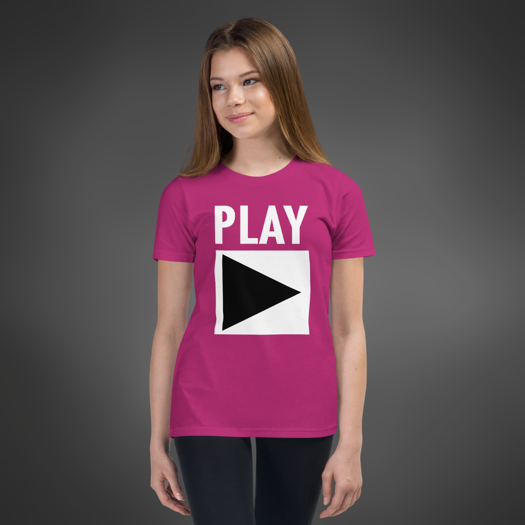 Youth DJ T-Shirt 'Play' design in berry, front view