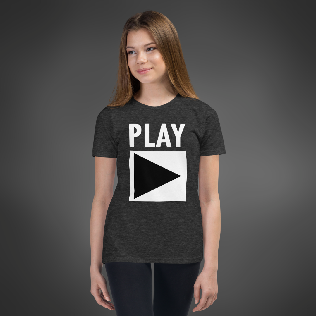Youth DJ T-Shirt 'Play' design in dark grey heather, front view