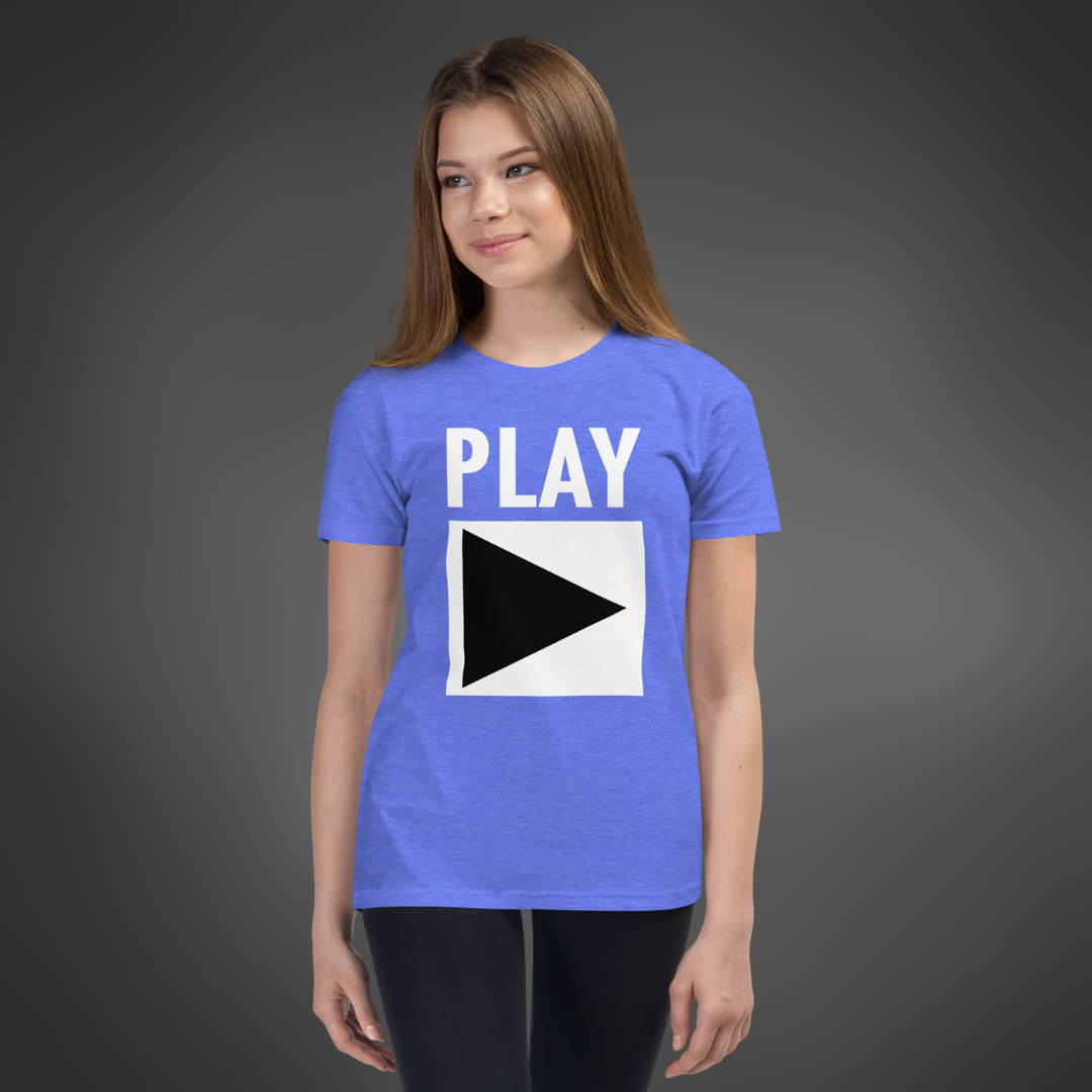 Youth DJ T-Shirt 'Play' design in heather columbia blue, front view