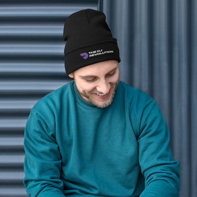 Knitted Embroidered Beanie in black, front view