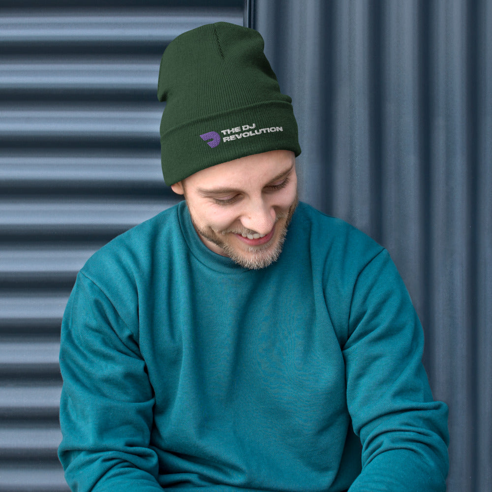 Knitted Embroidered Beanie in dark green, front view