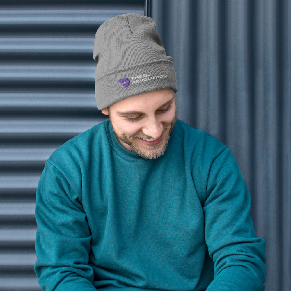 Knitted Embroidered Beanie in grey, front view