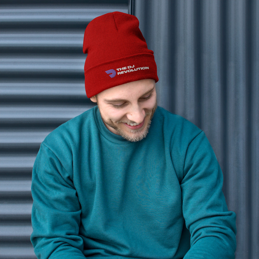 Knitted Embroidered Beanie in red, front view