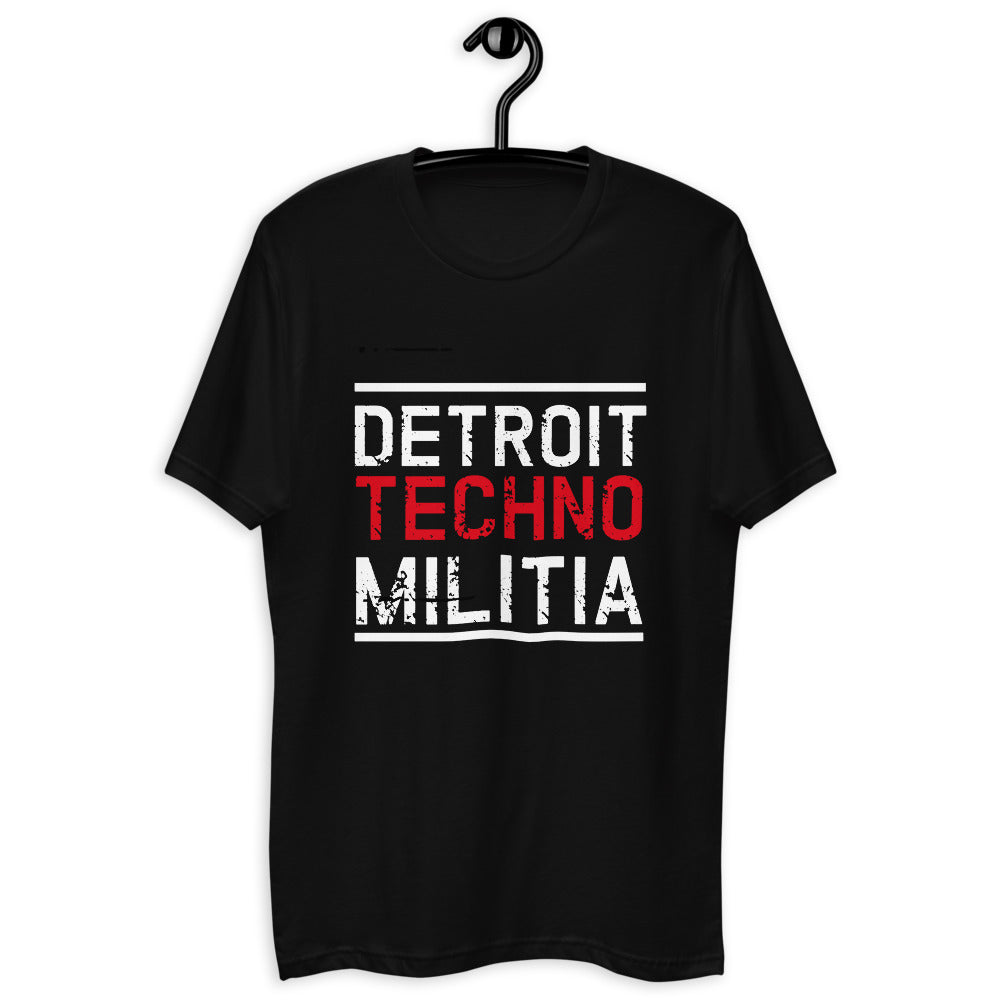 Men's Fitted Techno T-Shirt 'Detroit Techno Militia' design in black, front view