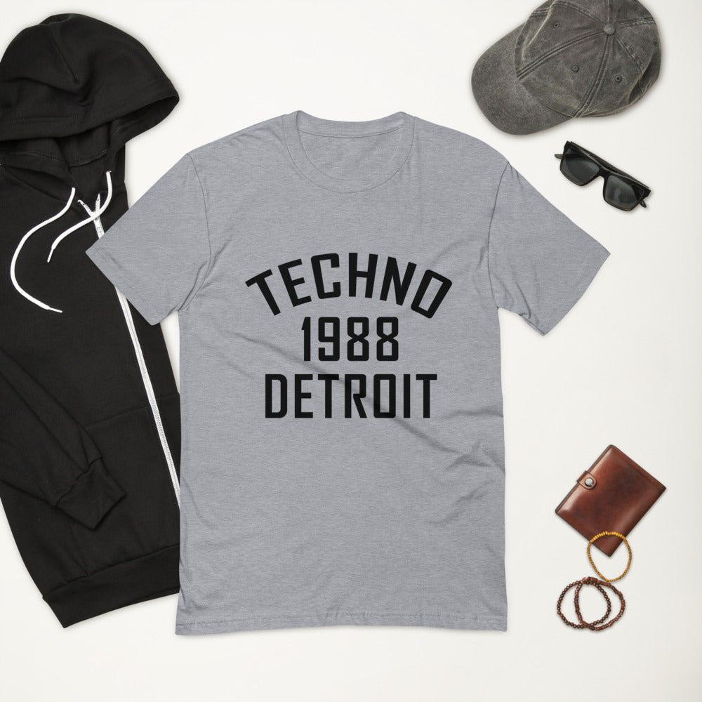 Men's Fitted Techno T-shirt '1988 Detroit' design in heather grey, front view