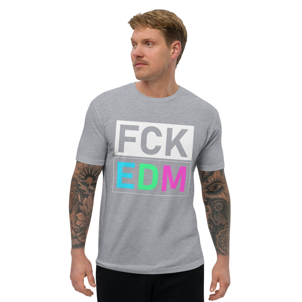 Men's Fitted DJ T-shirt 'FCK EDM' design in heather grey, front view