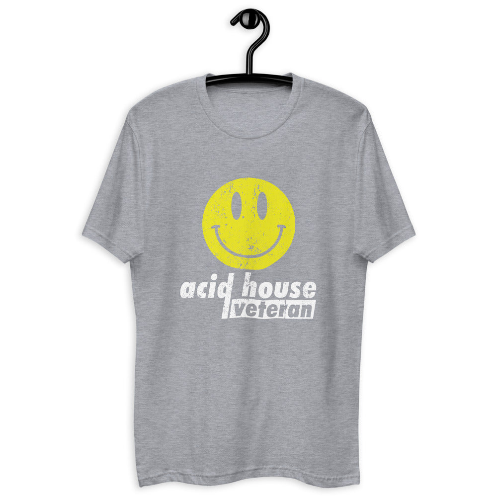 Men's Fitted Acid House T-shirt 'Acid House Veteran' design in heather grey, front view