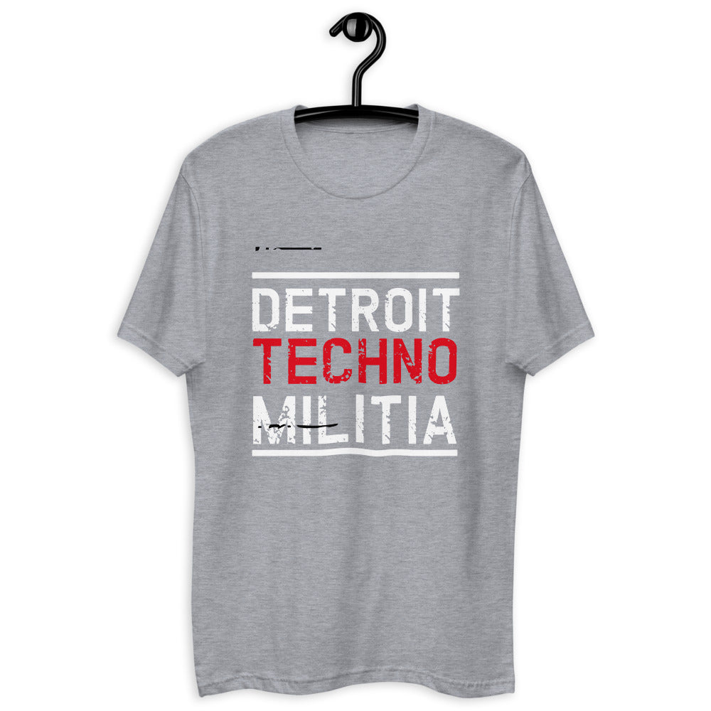 Men's Fitted Techno T-Shirt 'Detroit Techno Militia' design in heather grey, front view