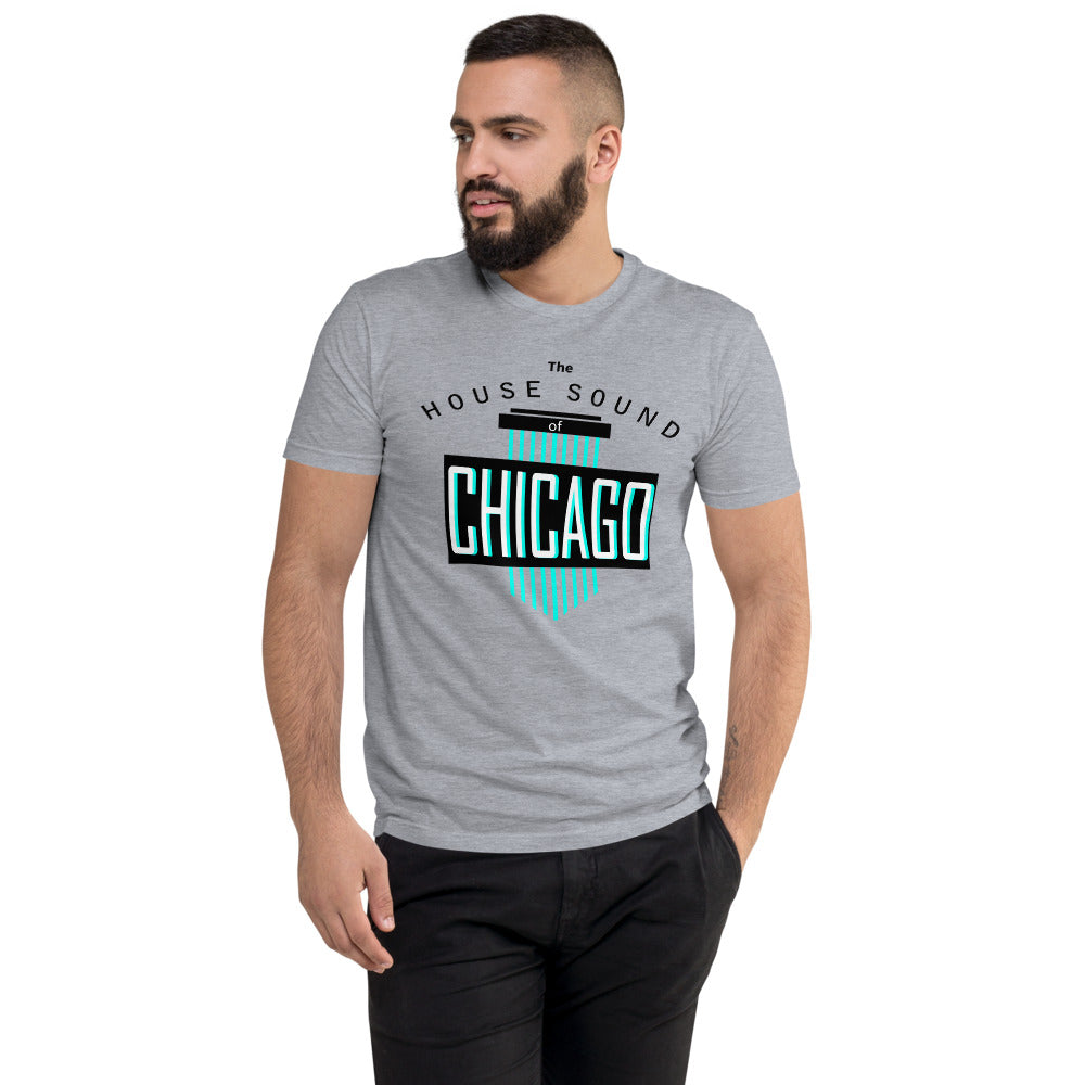 Men's Fitted House Music T-shirt 'House Sound of Chicago' design in heather grey, front view