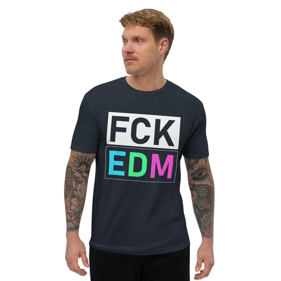 Men's Fitted DJ T-shirt 'FCK EDM' design in midnight navy, front view