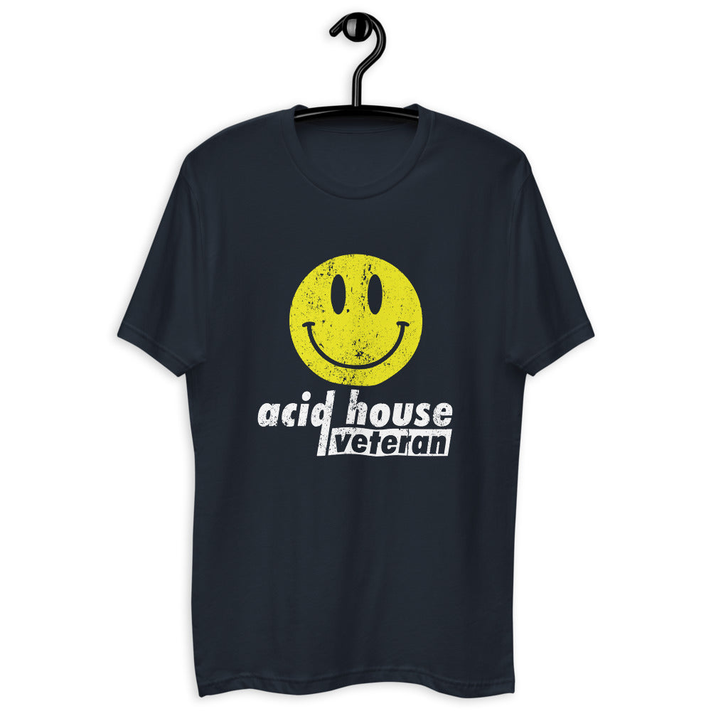 Men's Fitted Acid House T-shirt 'Acid House Veteran' design in midnight navy, front view