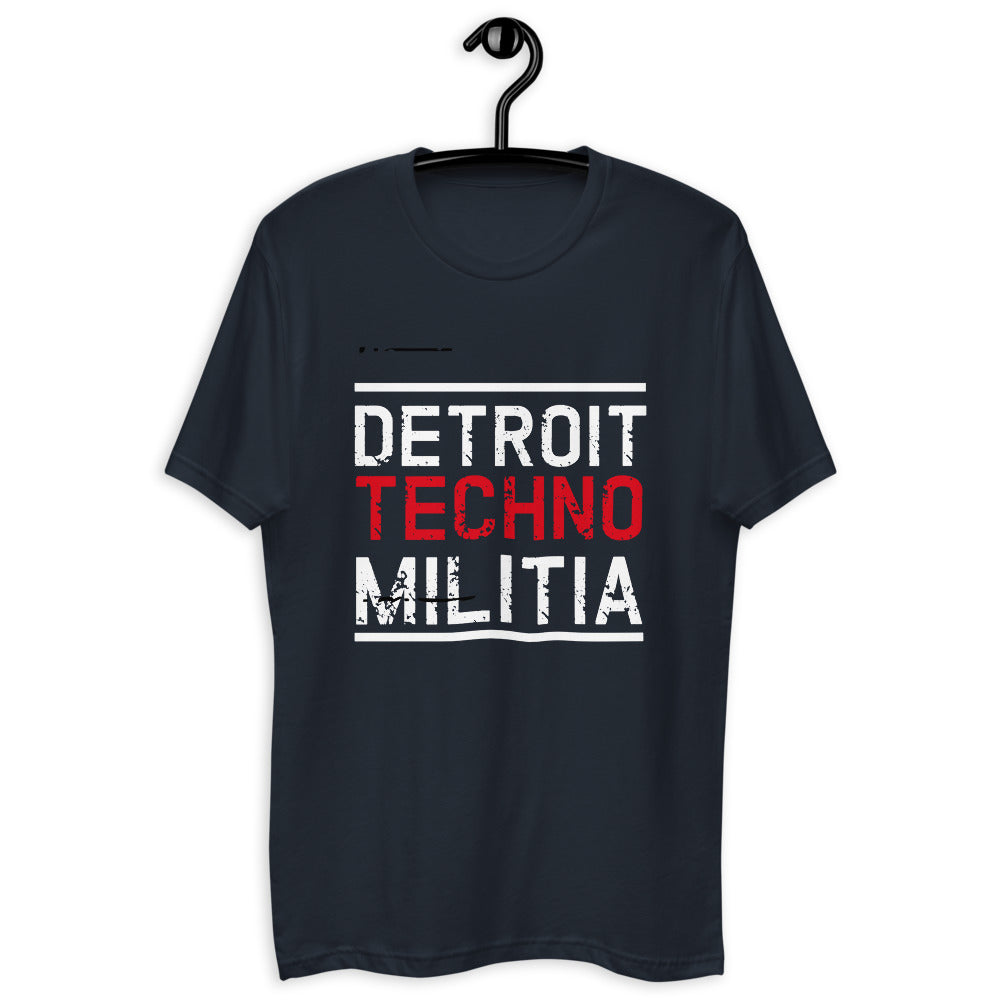 Men's Fitted Techno T-Shirt 'Detroit Techno Militia' design in midnight navy, front view