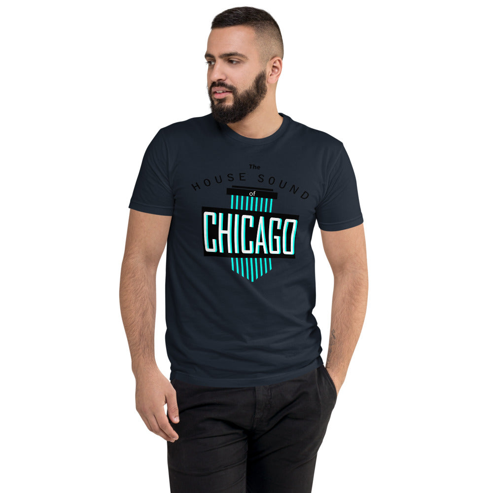 Men's Fitted House Music T-shirt 'House Sound of Chicago' design in midnight navy, front view