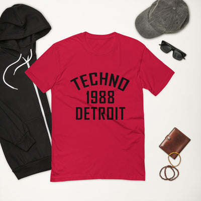 Men's Fitted Techno T-shirt '1988 Detroit' design in red, front view