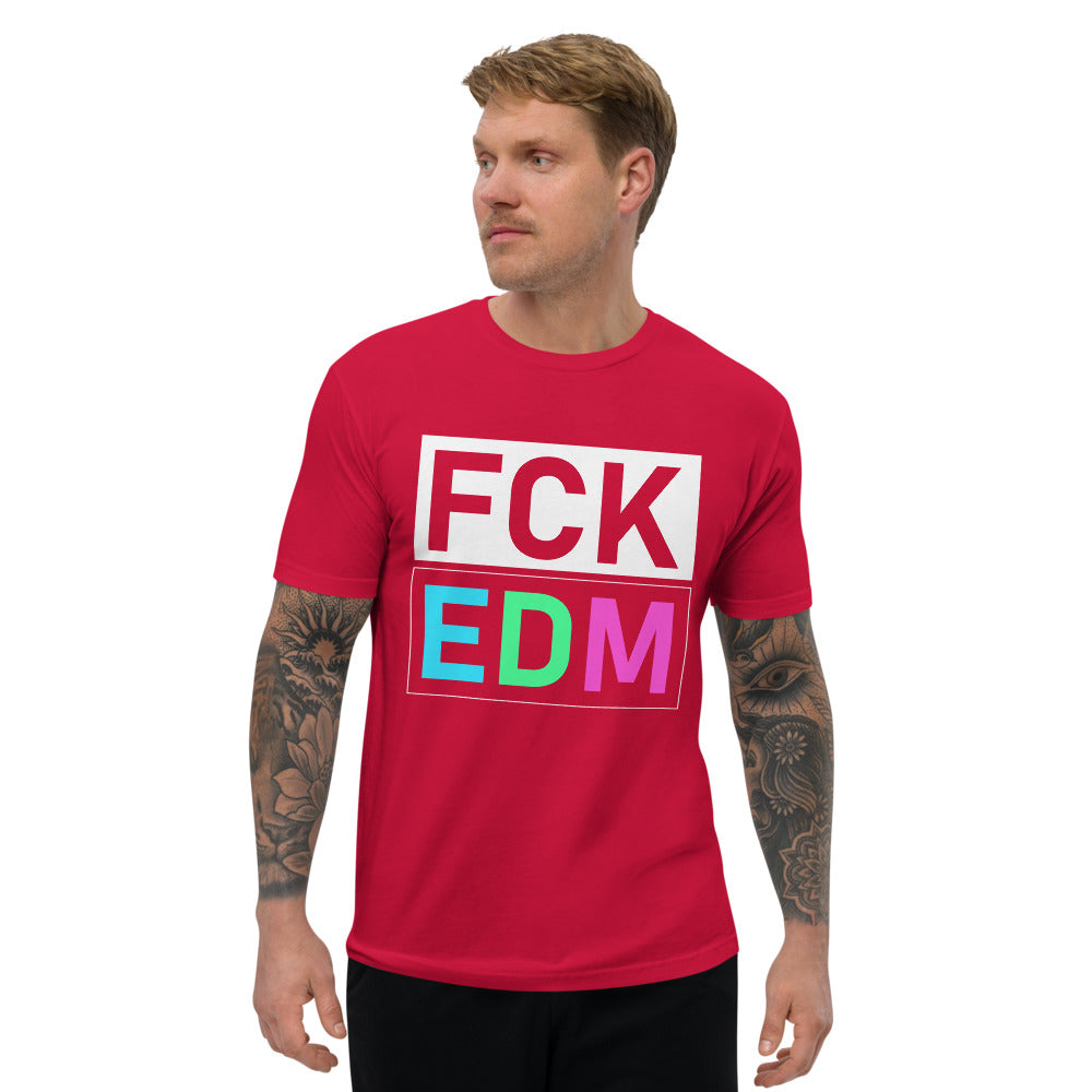 Men's Fitted DJ T-shirt 'FCK EDM' design in red, front view
