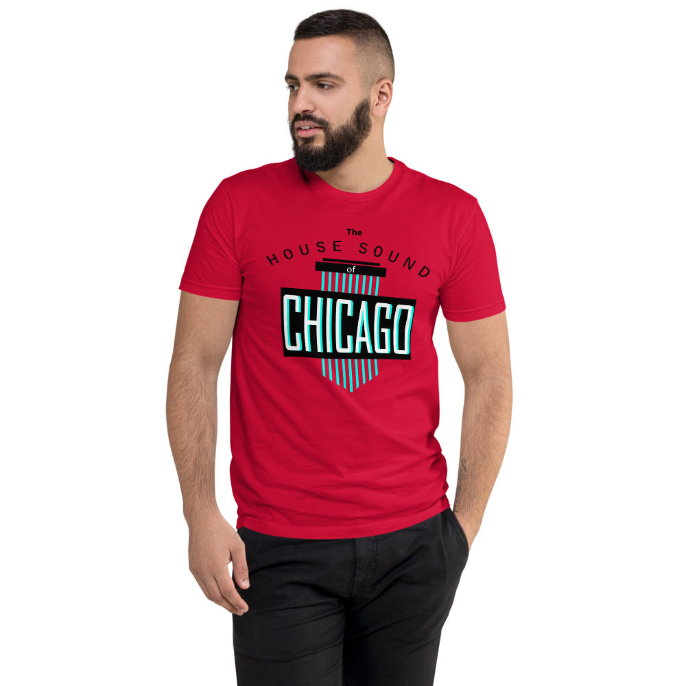 Men's Fitted House Music T-shirt 'House Sound of Chicago' design in red, front view