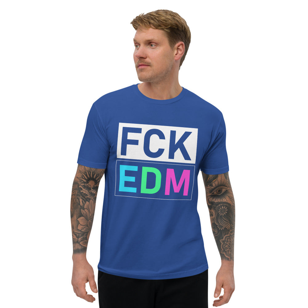 Men's Fitted DJ T-shirt 'FCK EDM' design in royal blue, front view