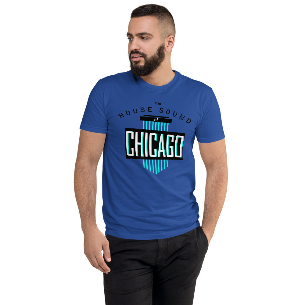 Men's Fitted House Music T-shirt 'House Sound of Chicago' design in royal blue, front view