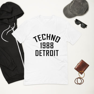 Men's Fitted Techno T-shirt '1988 Detroit' design in white, front view