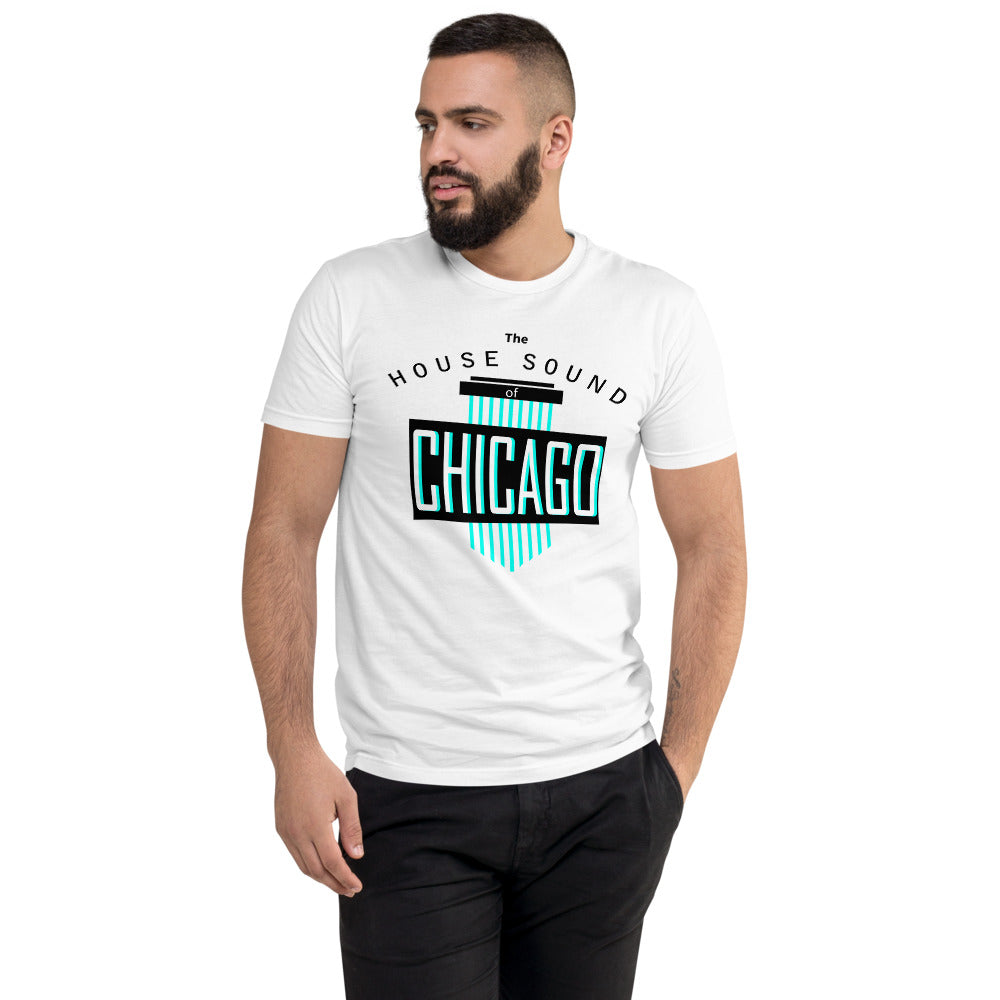 Men's Fitted House Music T-shirt 'House Sound of Chicago' design in white, front view