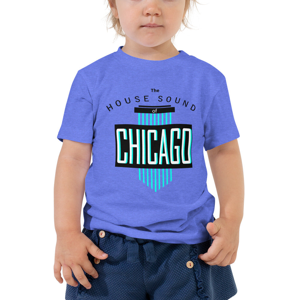 Toddler House Music T-shirt 'House Sound of Chicago' design in heather columbia blue, front view