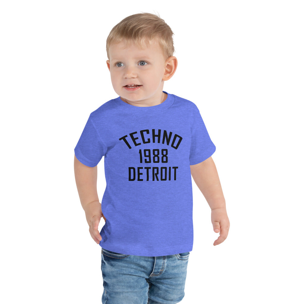 Toddler Techno T-shirt '1988 Detroit' design in heather columbia blue, front view