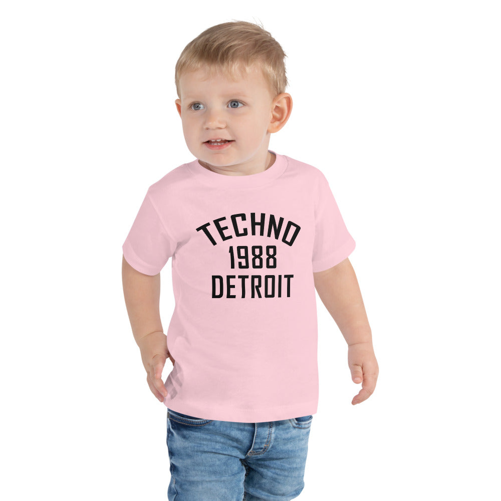 Toddler Techno T-shirt '1988 Detroit' design in pink, front view