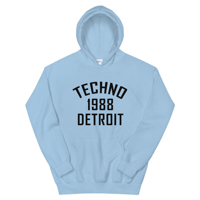 Unisex Techno Hoodie '1988 Chicago' design in light blue, front view
